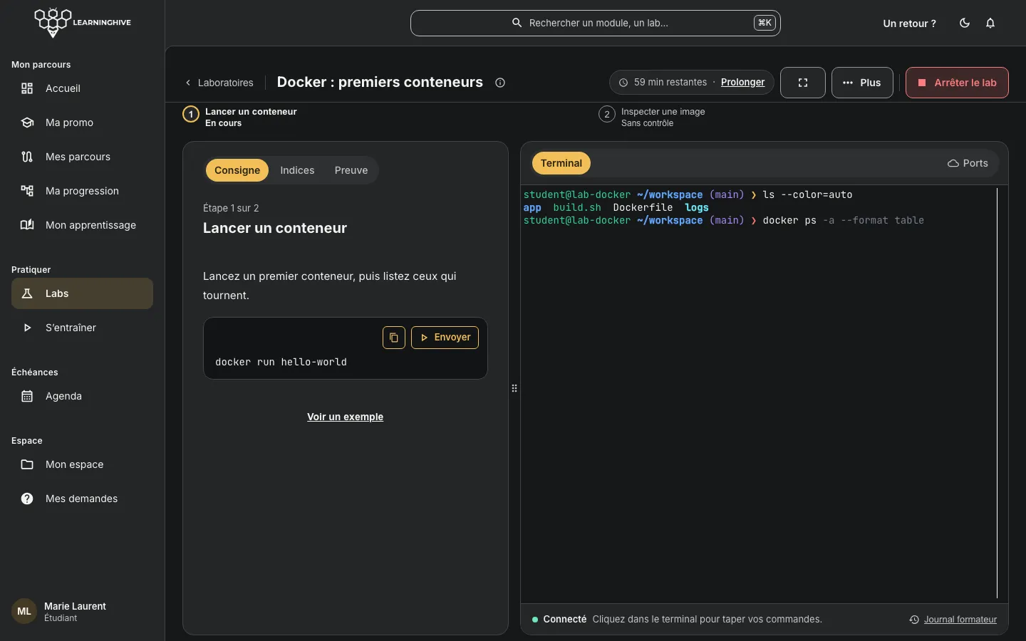 LearningHive : un exercice guidé et son terminal de pratique réunis dans la même interface.